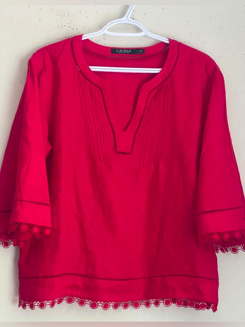 Ralph Lauren Red Split-Neck Lace Hem Blouse